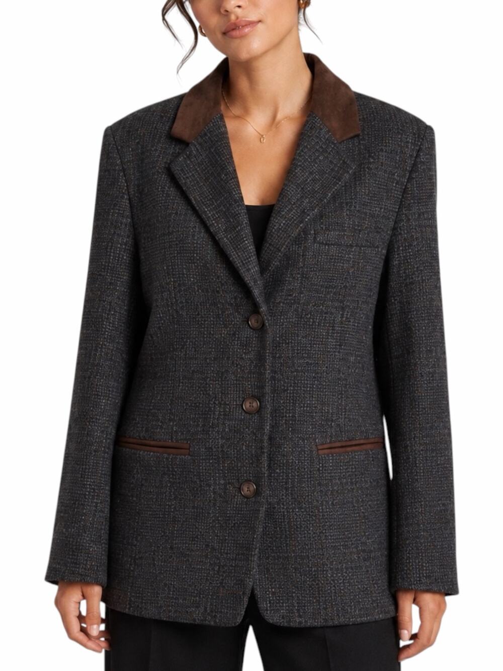 Express Suede Collar Wool Plaid Blazer Jacket Suede Gray Brown Size L